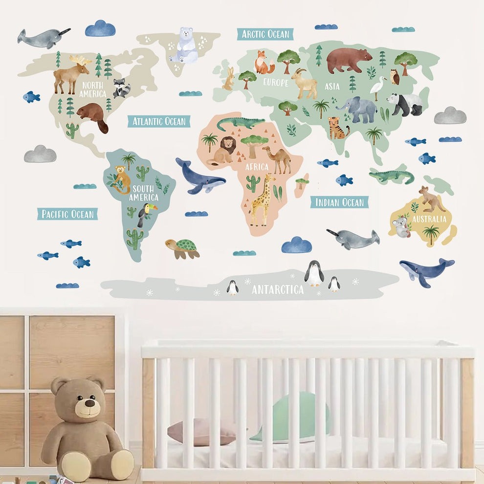 Wall decals Children's world map animals