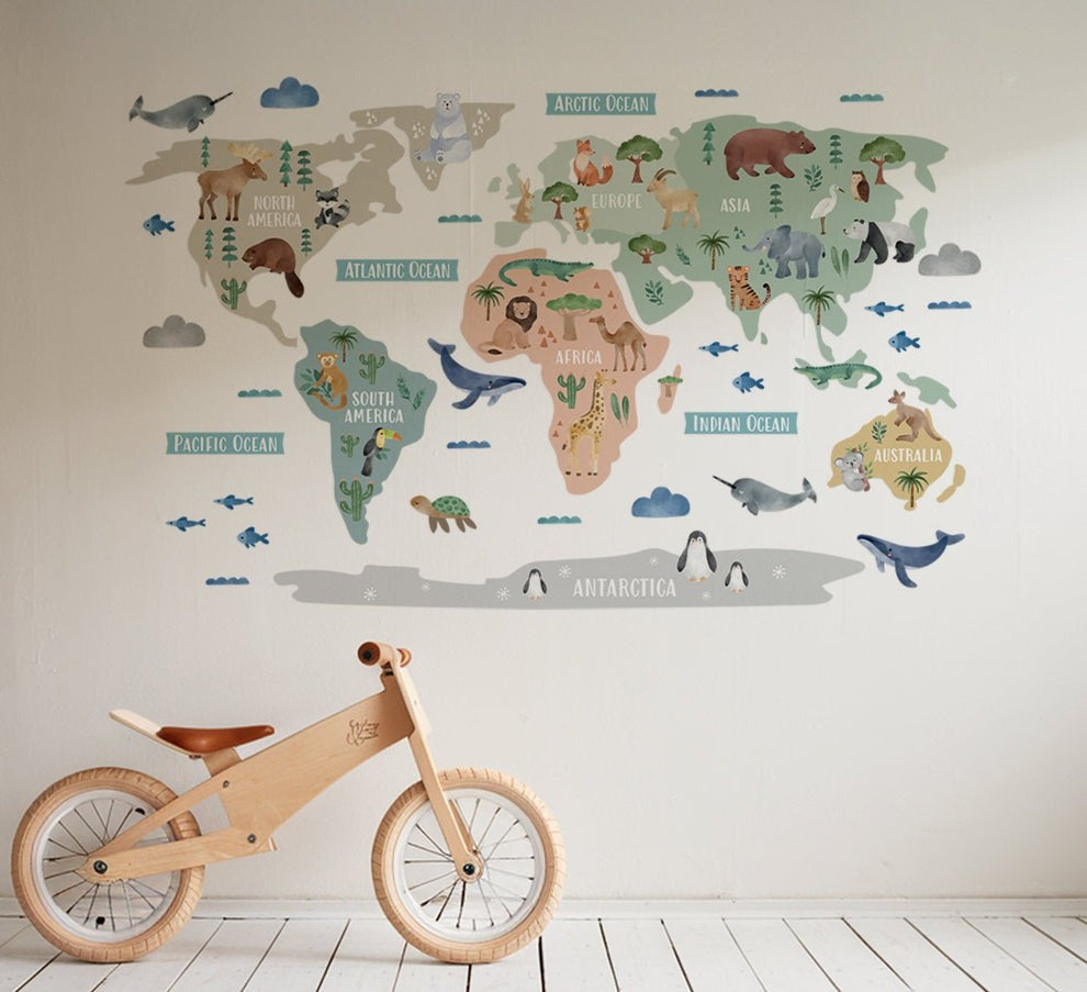 Wall decals Children's world map animals