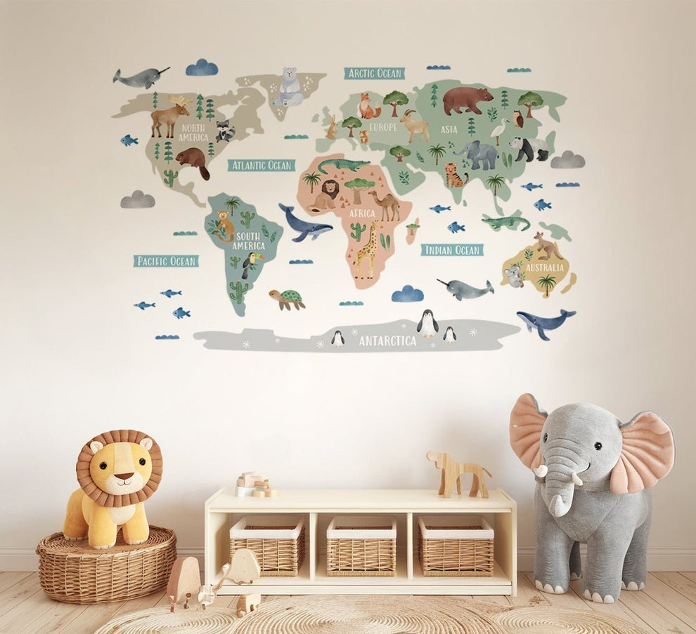Wall decals Children's world map animals