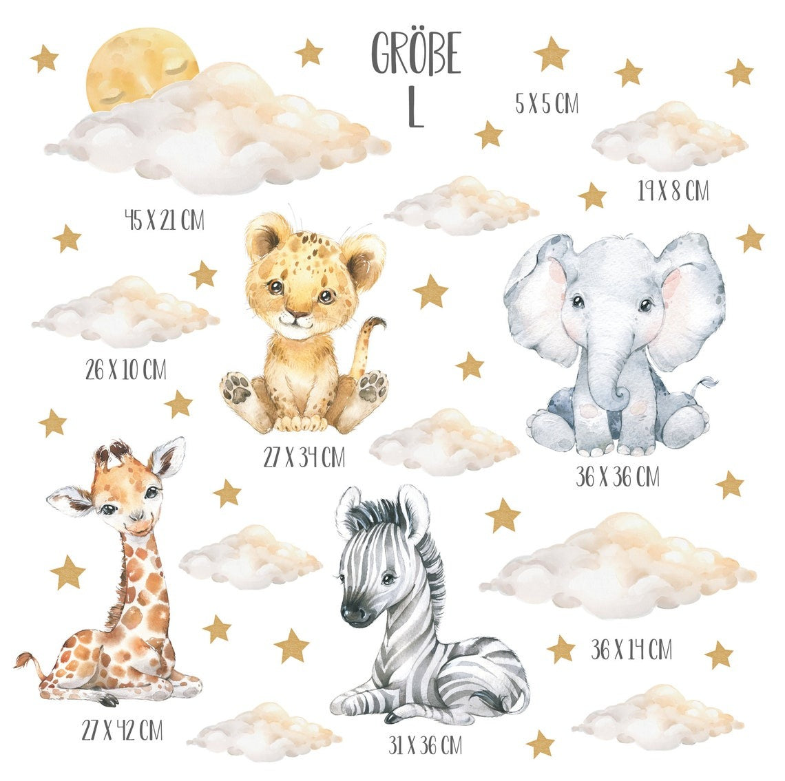 Wall decals Children's baby, lion, elephant, zebra, giraffe with clouds and stars (0028)