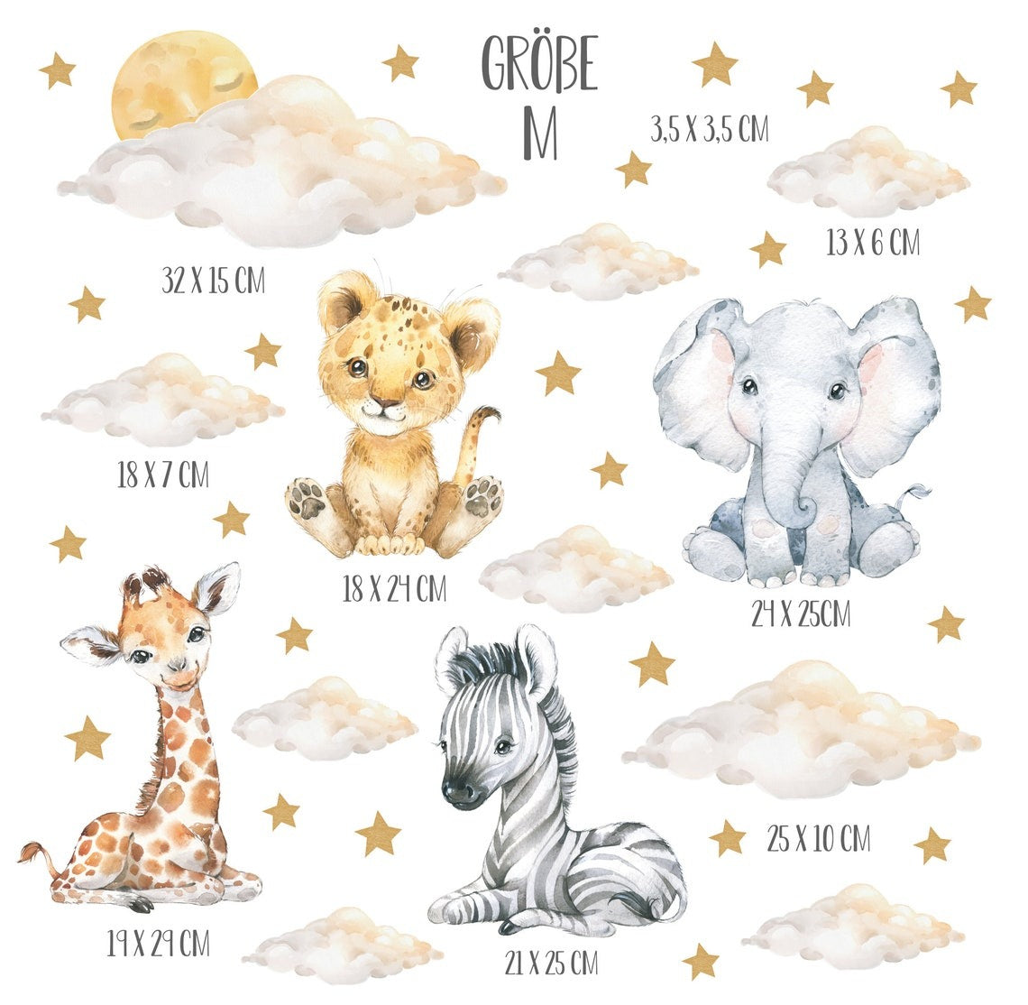 Wall decals Children's baby, lion, elephant, zebra, giraffe with clouds and stars (0028)