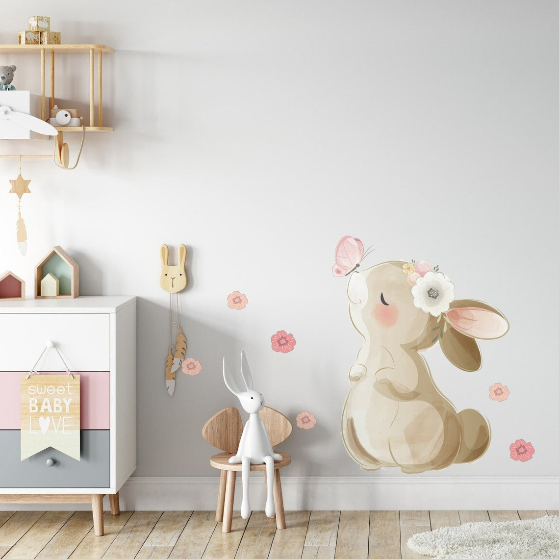 Wall decals Children's Rabbit with flowers and butterflies (0013)