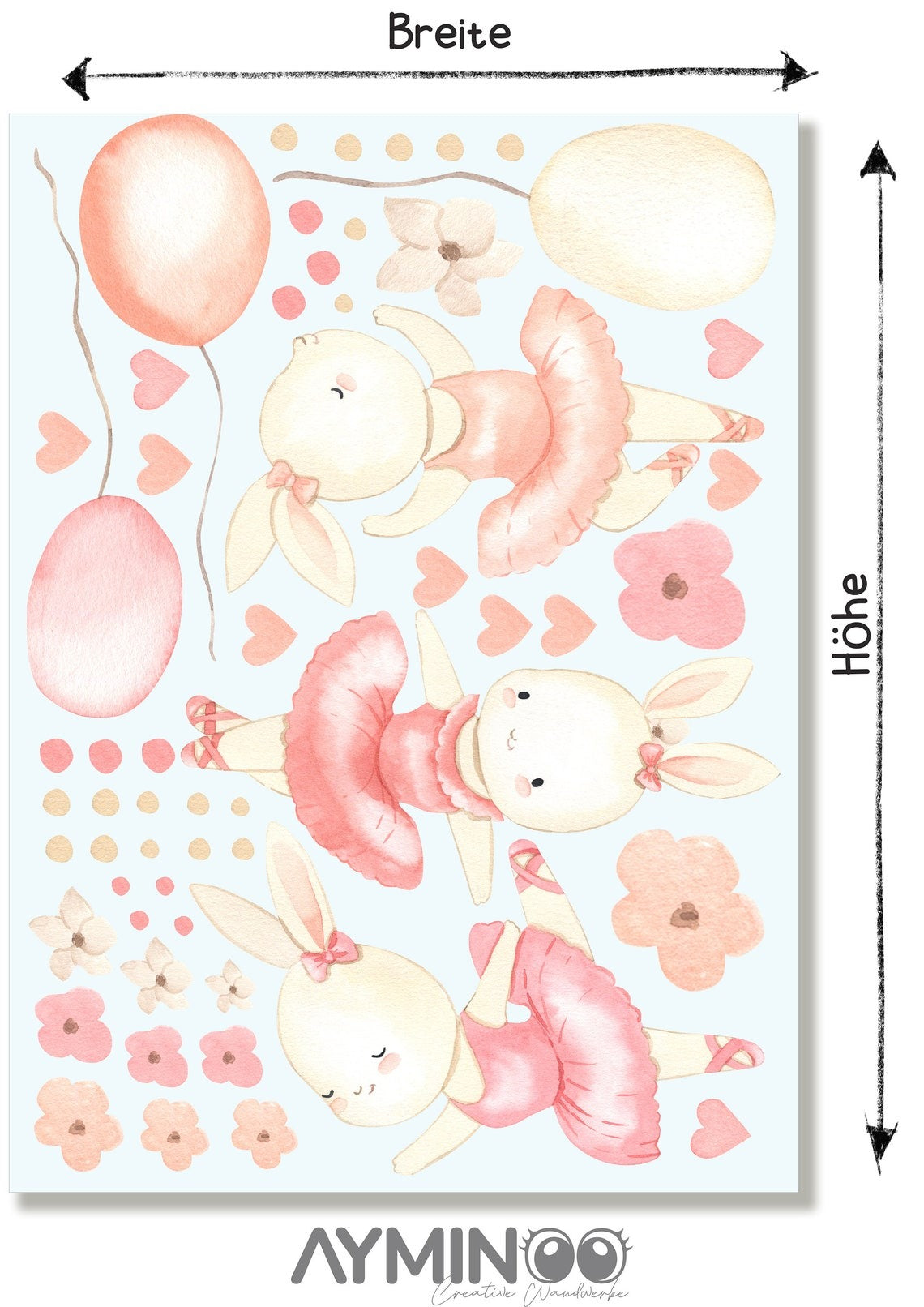 Wall decals Children's Sweet bunny ballerina with balloons Flowers Hearts (0039)