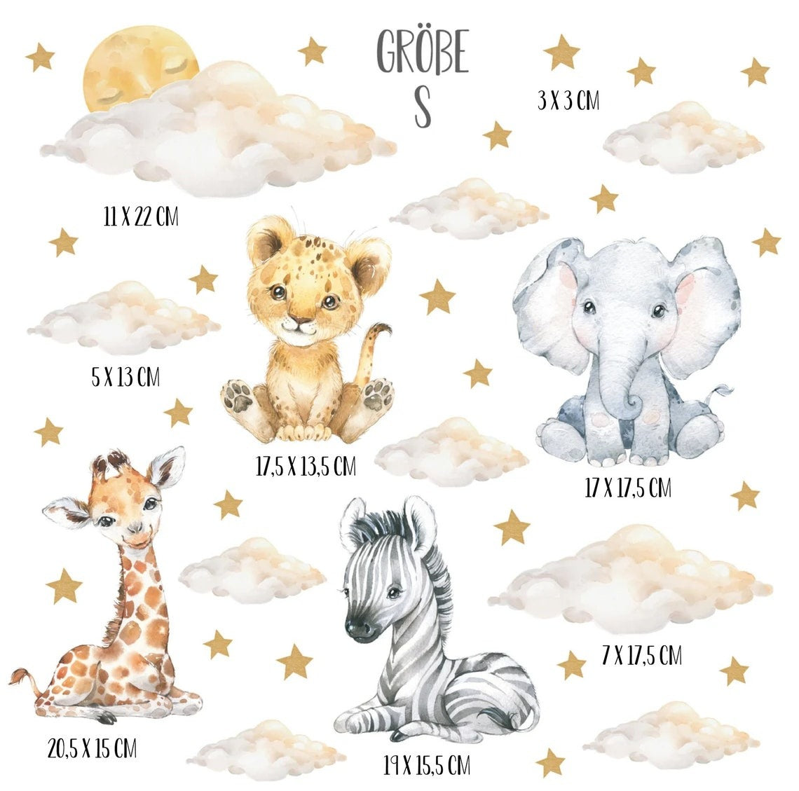 Wall decals Children's baby, lion, elephant, zebra, giraffe with clouds and stars (0028)