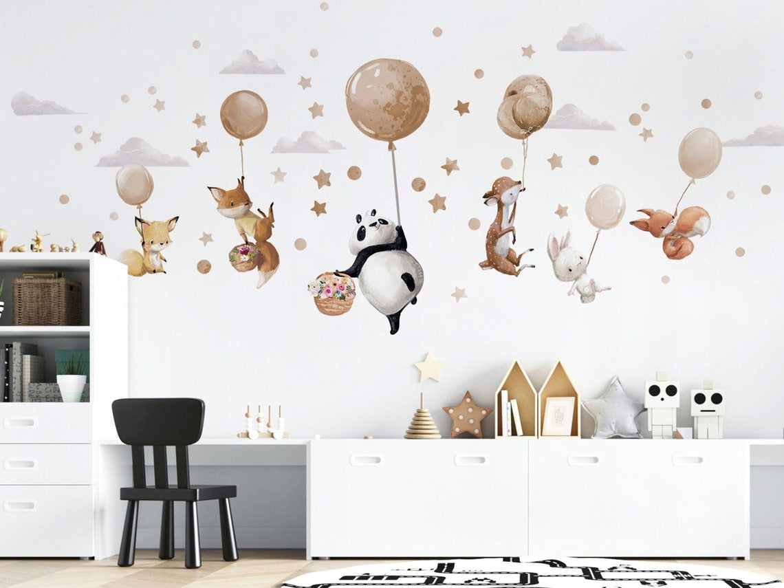 Wall decals Children's large animals in beige balloons (0009)