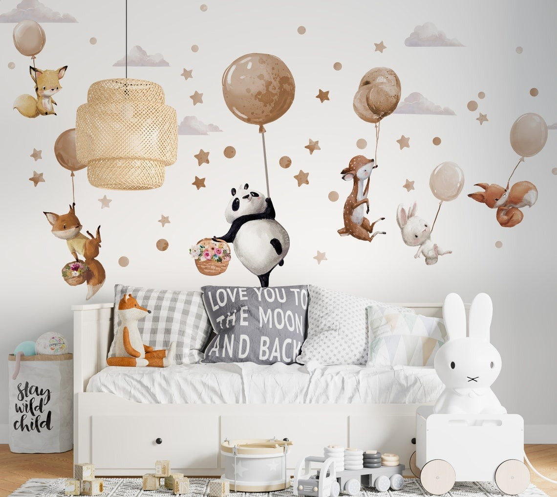 Wall decals Children's large animals in beige balloons (0009)