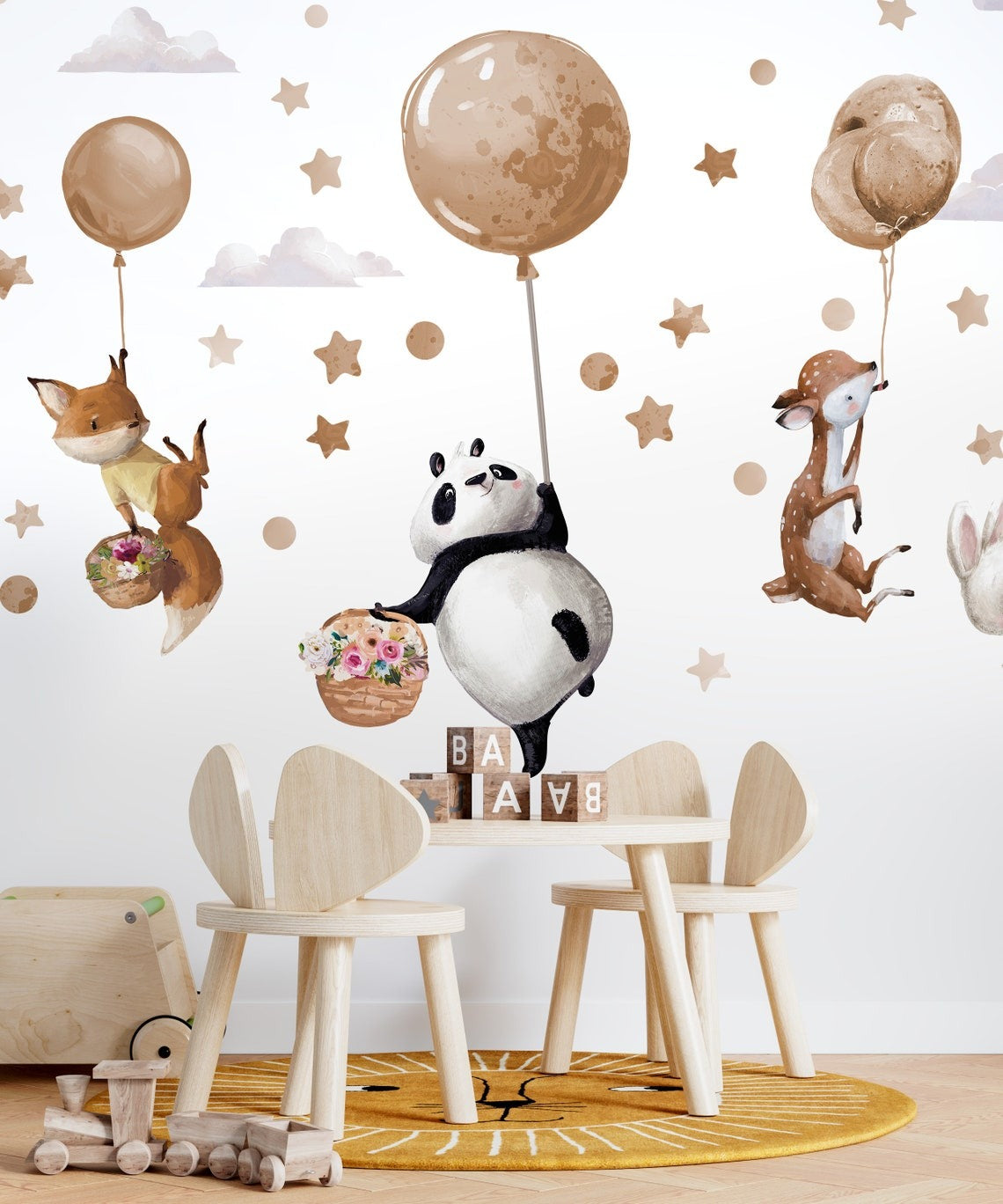Wall decals Children's large animals in beige balloons (0009)