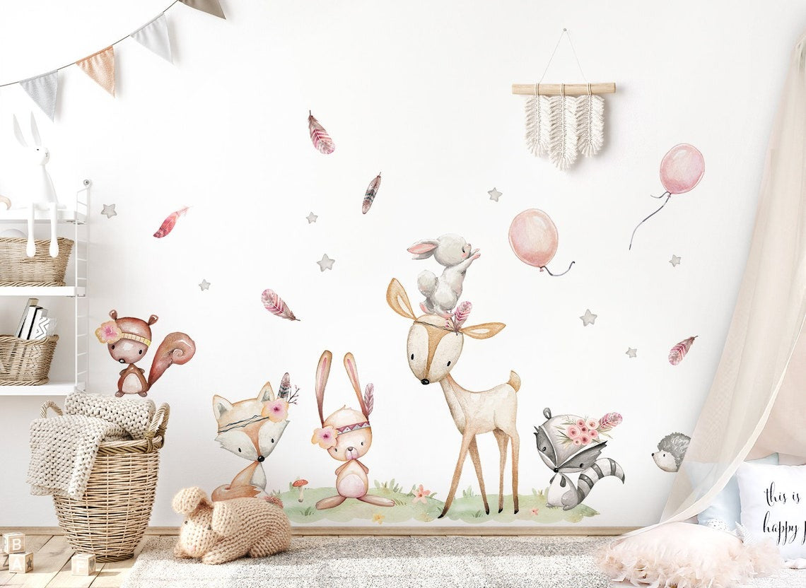 Wall decals Children's woodland nursery, watercolor bear, deer, owl, fox (0037)