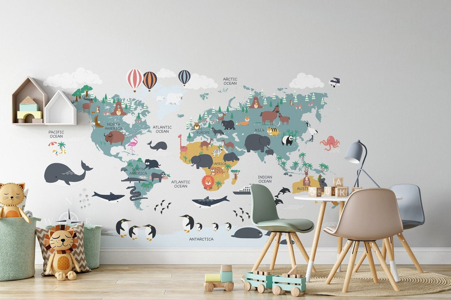 Wall decals Children's world map Animals of the world