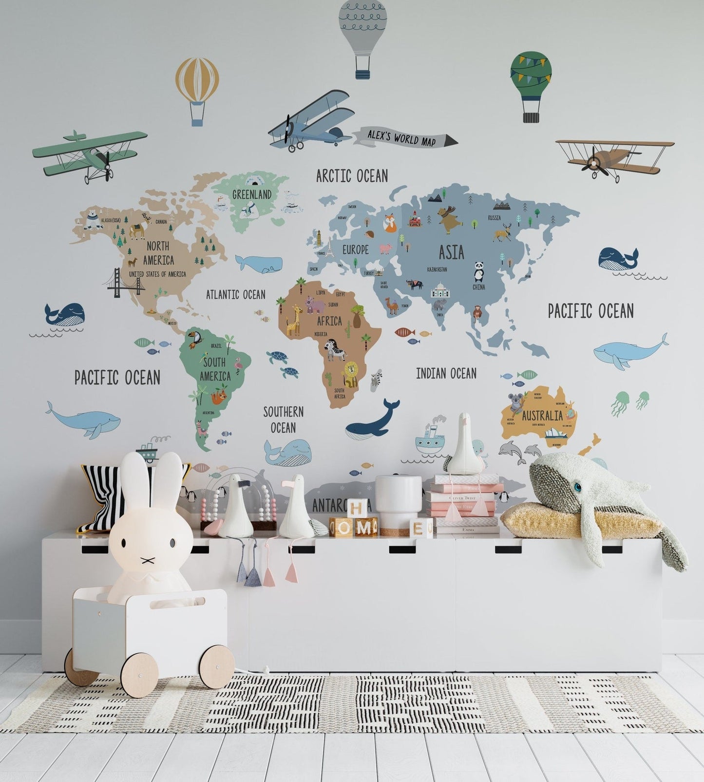 Wall decals Children's world map with hot air balloons and airplanes