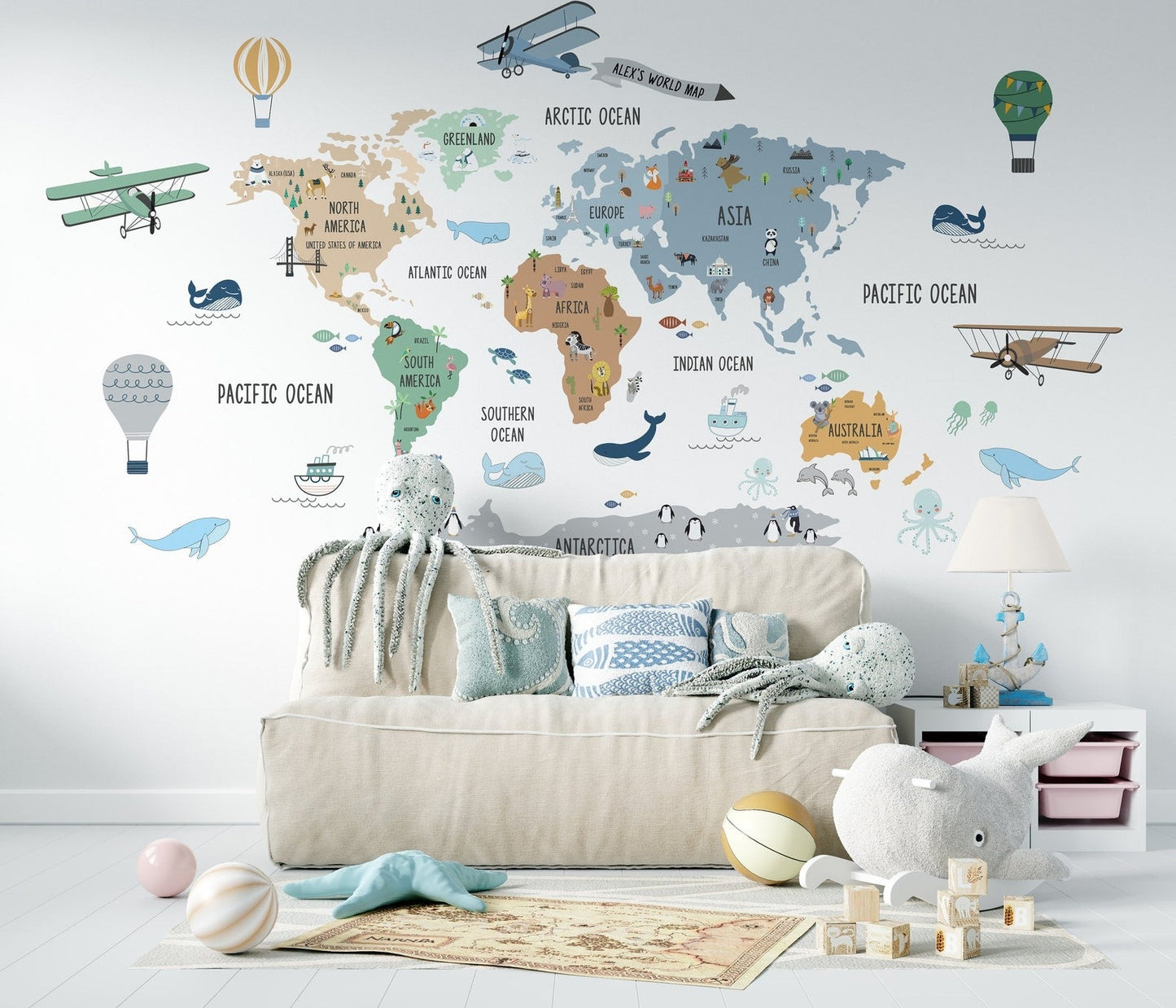 Wall decals Children's world map with hot air balloons and airplanes