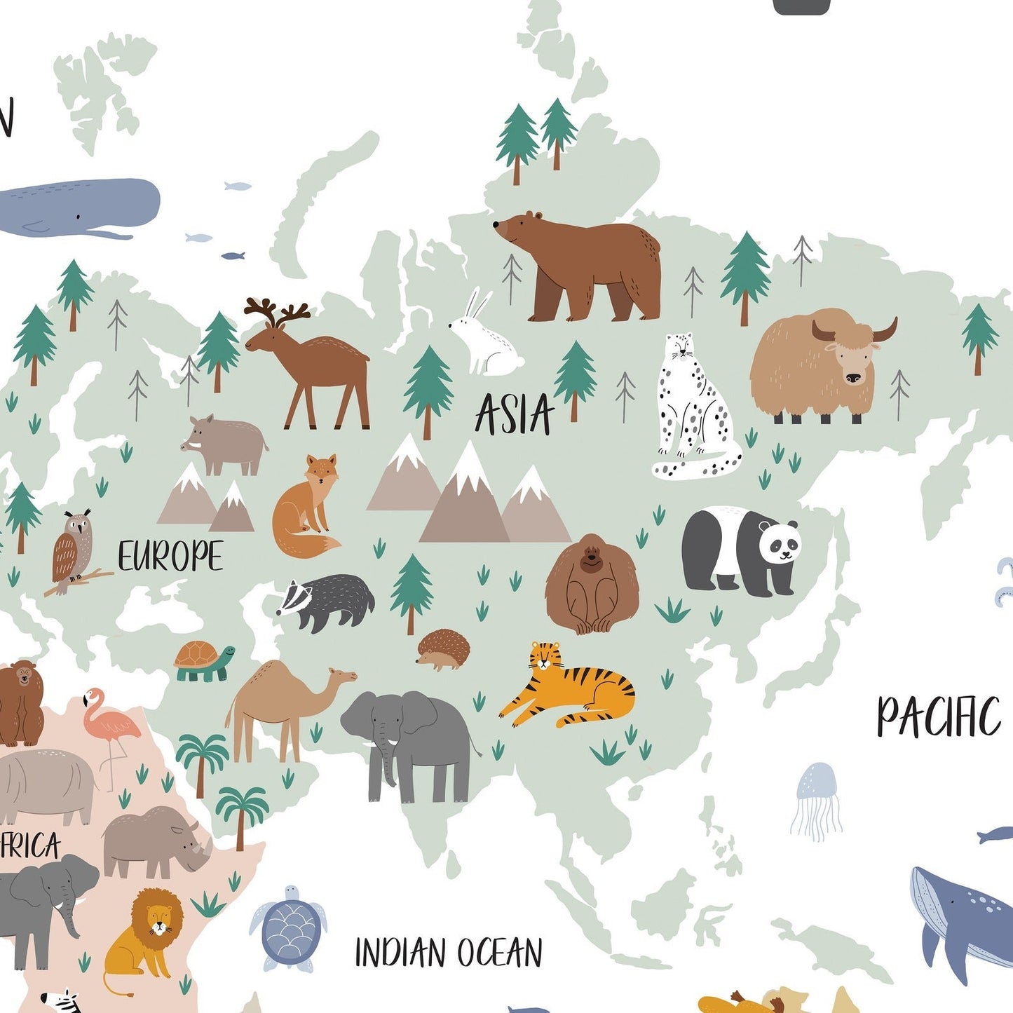 Wall decals Children's world map animals of the world
