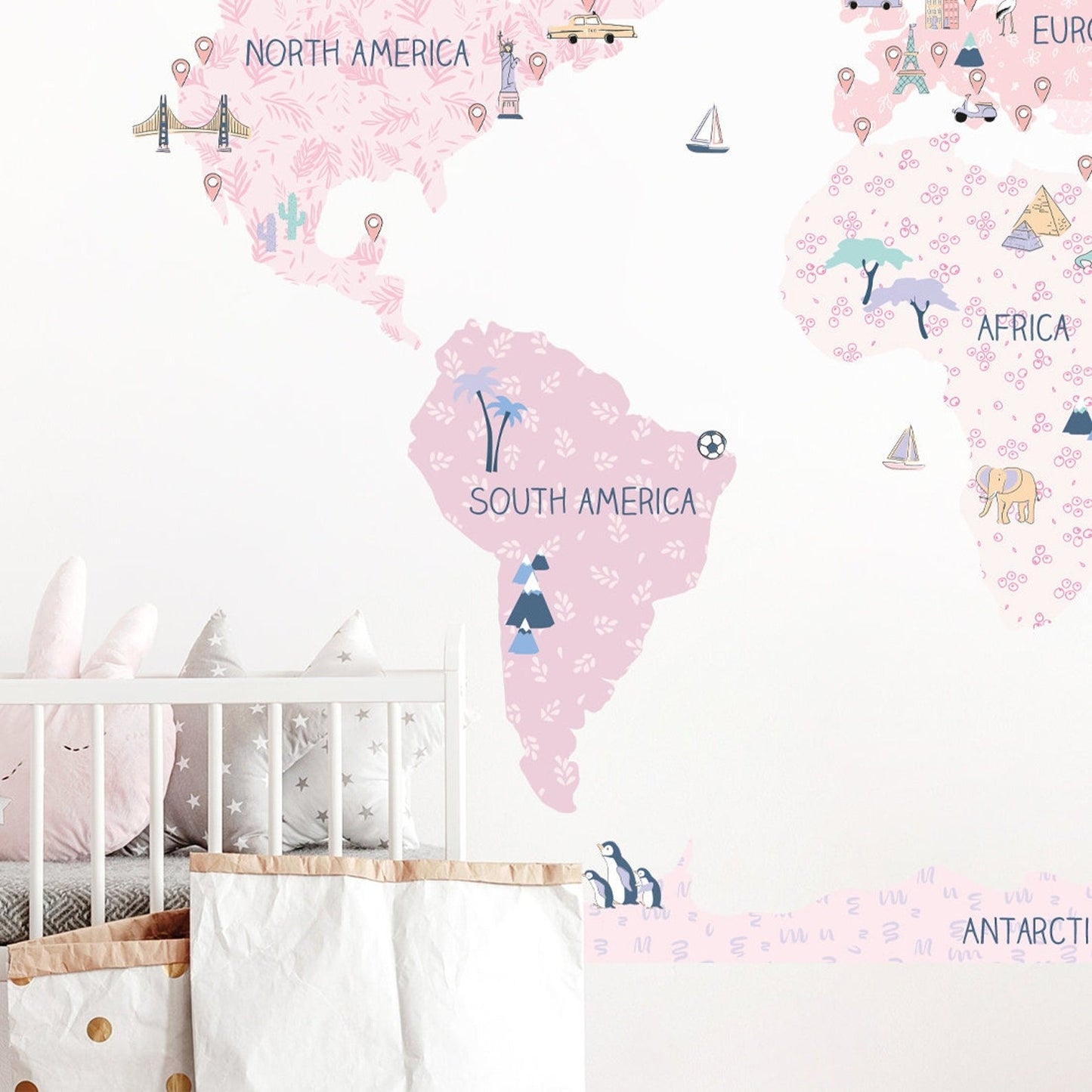 Wall decals Children's world map continents pink