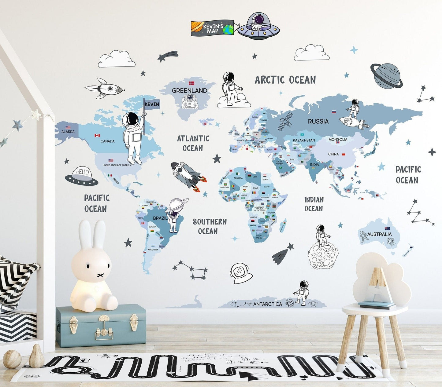 Wall decals Children's world map of astronauts