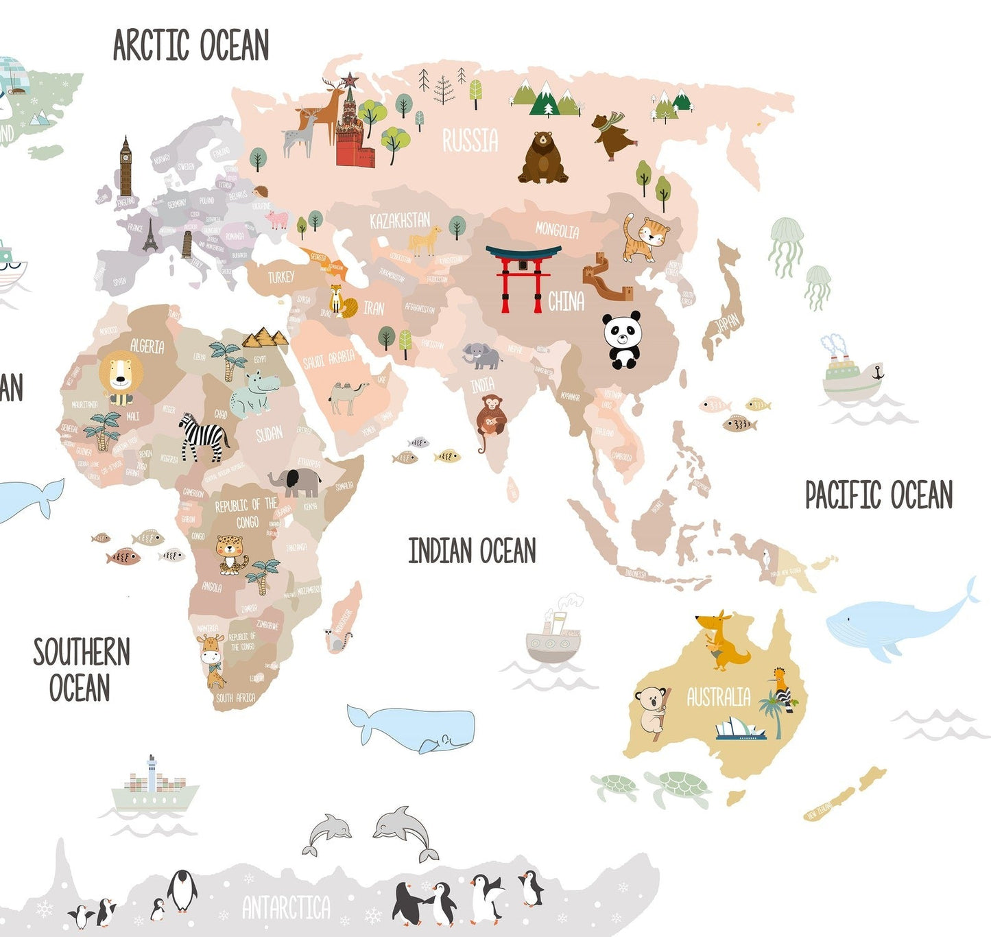 Wall decals Children's world map animals and monuments