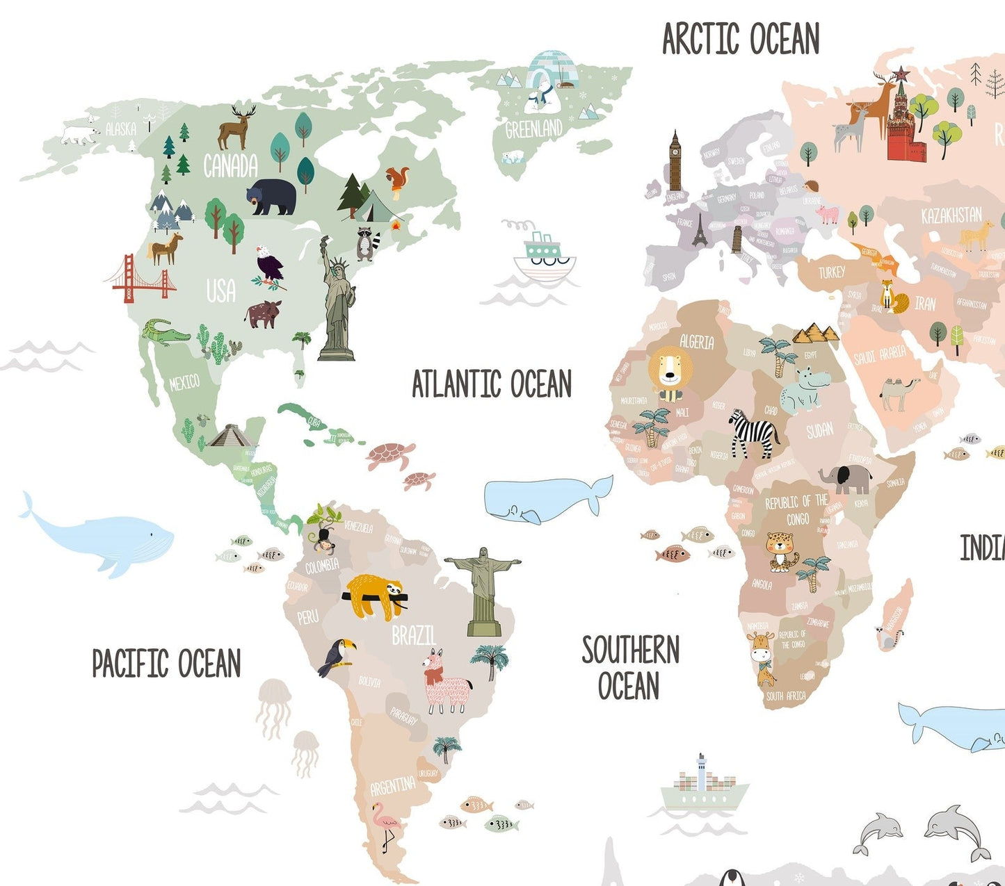 Wall decals Children's world map animals and monuments