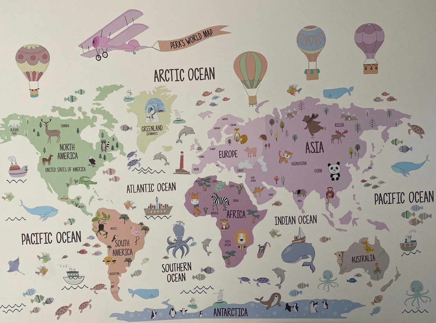 Wall decals Children's world map Girl Pink animals, plane and balloons