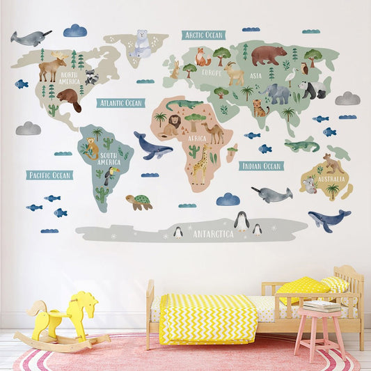 Wall decals Children's world map animals