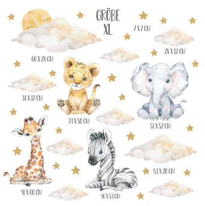 Wall decals Children's baby, lion, elephant, zebra, giraffe with clouds and stars (0028)