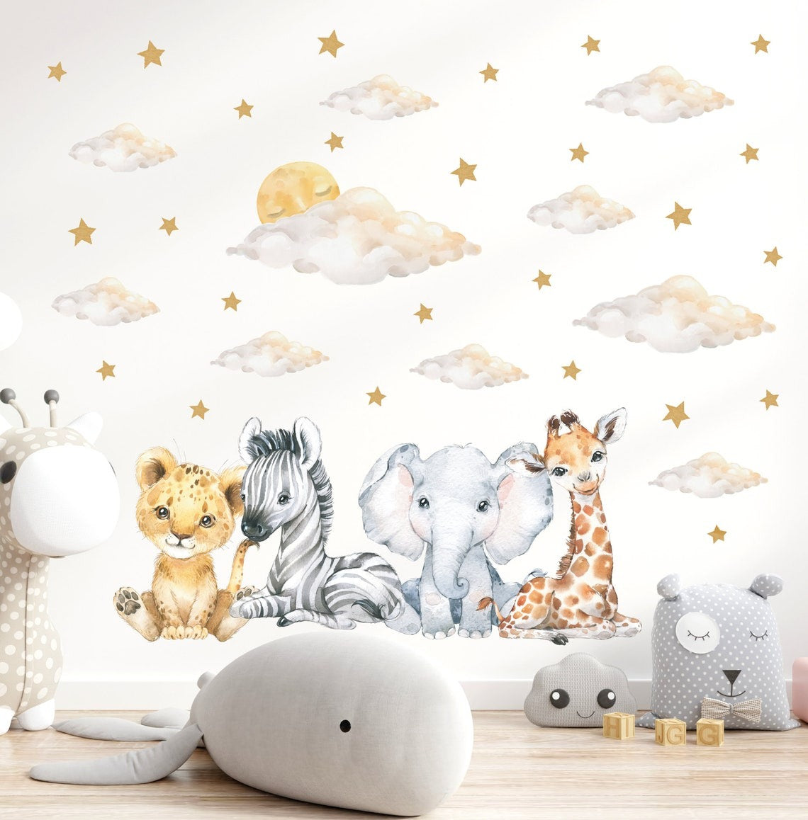 Wall decals Children's baby, lion, elephant, zebra, giraffe with clouds and stars (0028)