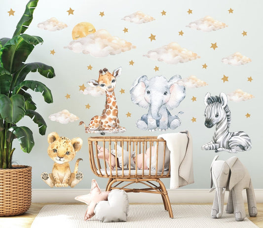 Wall decals Children's baby, lion, elephant, zebra, giraffe with clouds and stars (0028)
