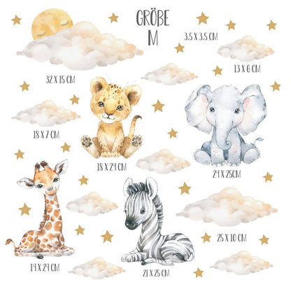 Wall decals Children's baby, lion, elephant, zebra, giraffe with clouds and stars (0028)