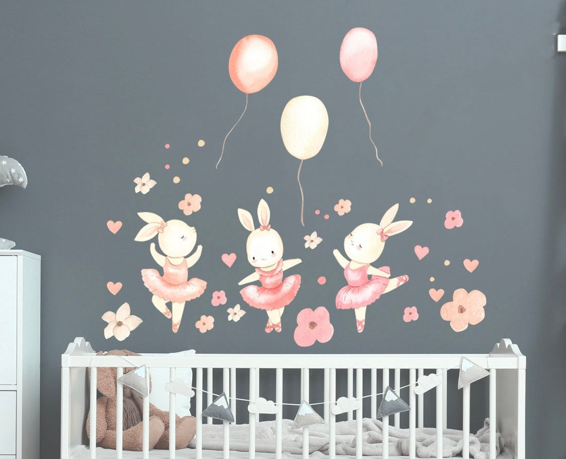 Wall decals Children's  Sweet bunny ballerina with balloons Flowers Hearts (0039)