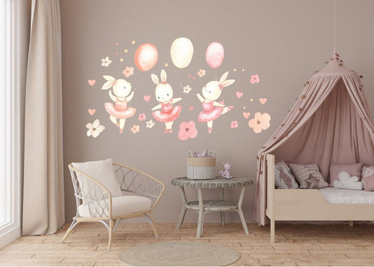 Wall decals Children's  Sweet bunny ballerina with balloons Flowers Hearts (0039)