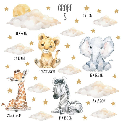 Wall decals Children's baby, lion, elephant, zebra, giraffe with clouds and stars (0028)