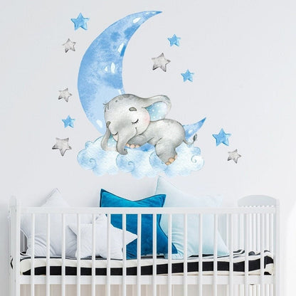 Wall decals Children's  Cute baby blue elephant on moon (0061)