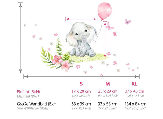 Wall decals Children's Pink baby elephant balloon with plants