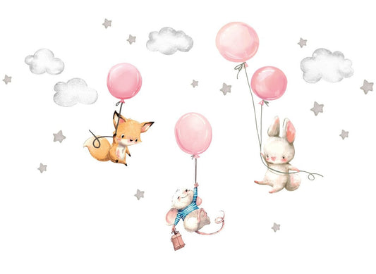 Wall decals Children's Baby Room Fox Mouse and Rabbit with Balloon Stars (0025)