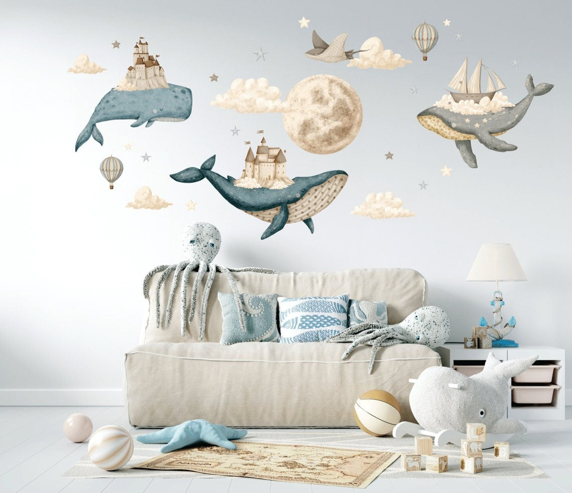 Wall decals Children's  under the sea, watercolor whale, hot air balloons (0026)