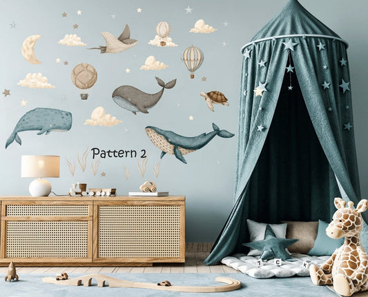 Wall decals Children's  under the sea, watercolor whale, hot air balloons (0026)