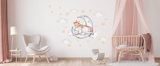 Wall decals Children's Elephant and giraffe on the moon (0046)