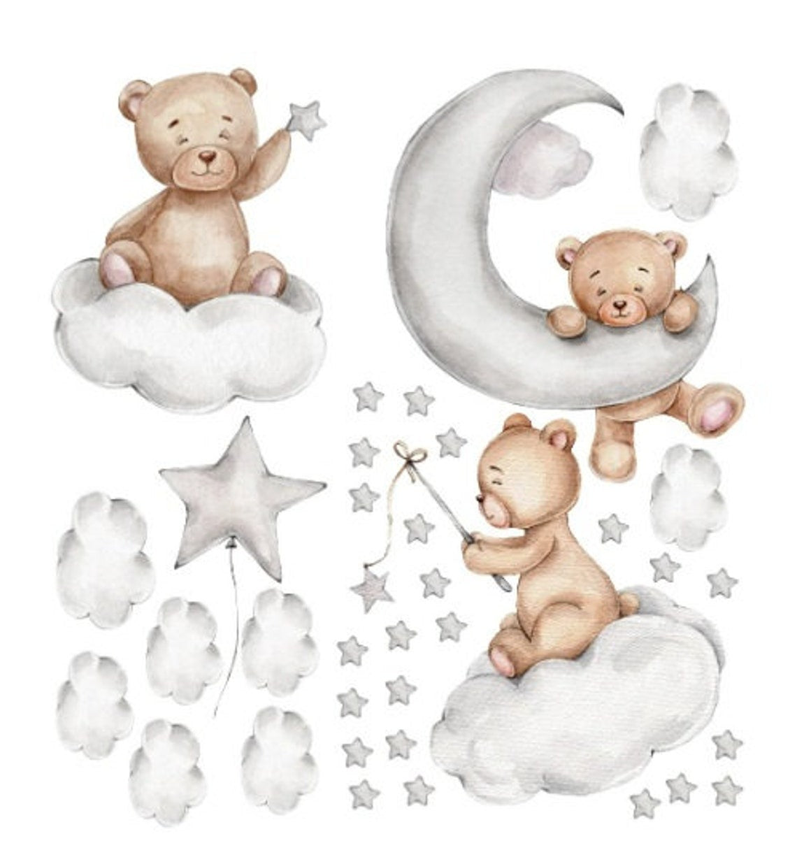 Wall decals Children's Watercolor teddy bear and stars (0020)