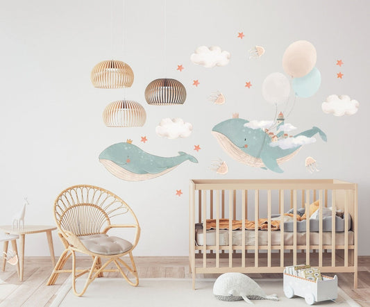 Wall decals Children's baby watercolor flying whales (0027)
