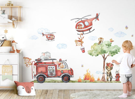Wall decals Children's watercolor Safari  animals fire brigade (0031)