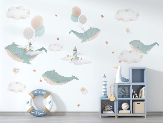 Wall decals Children's baby watercolor flying whales (0027)