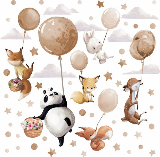 Wall decals Children's  large animals in beige balloons (0009)