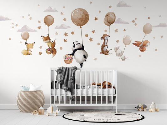 Wall decals Children's  large animals in beige balloons (0009)