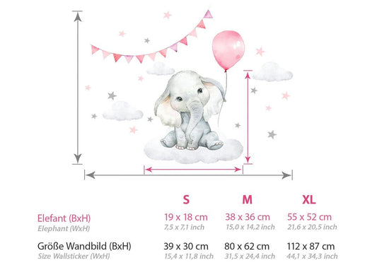 Wall decals Children's Pink Baby Elephant Balloon (0059)