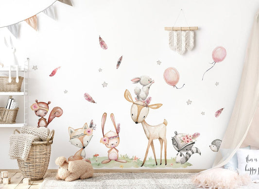Wall decals Children's  woodland nursery, watercolor bear, deer, owl, fox (0037)