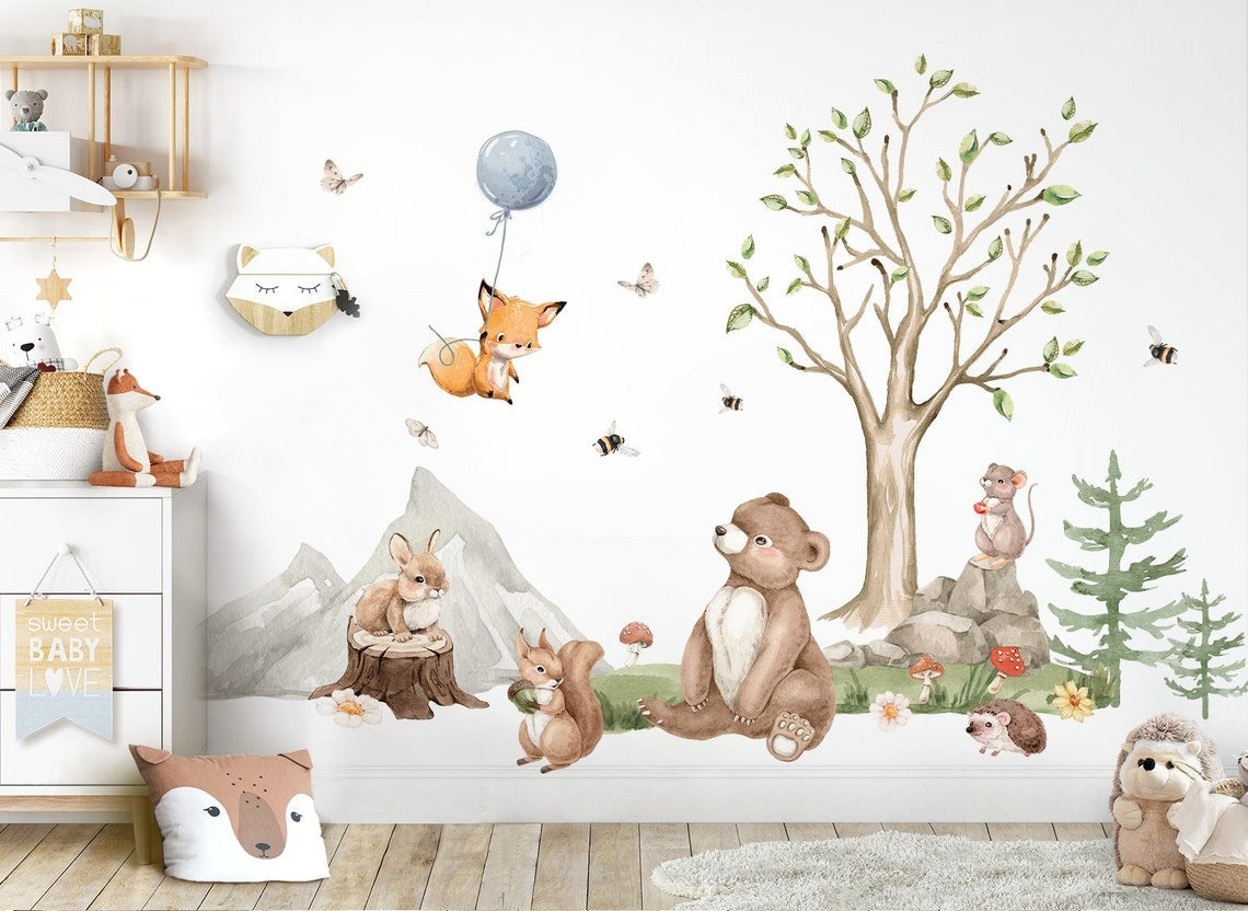 Wall decals Children's bear hedgehog fox animals (0083)