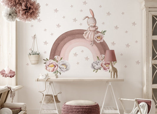 Wall decals Children's pastel rainbow with bunny (0023)