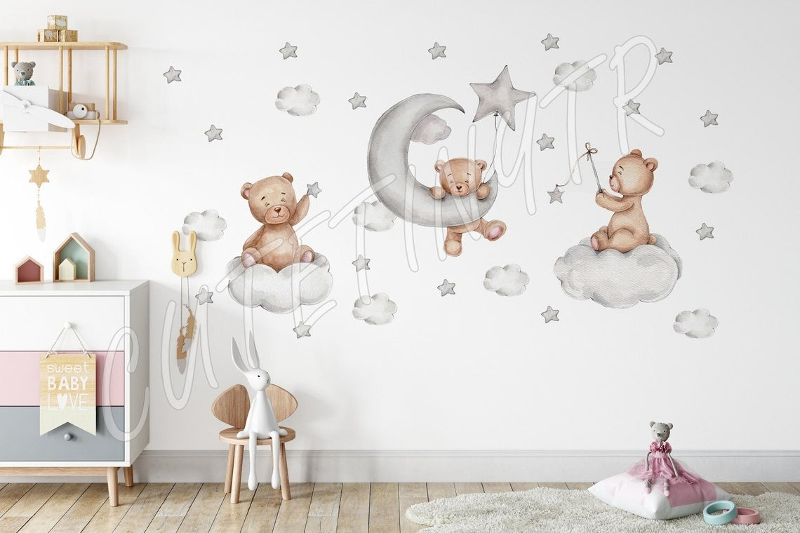 Wall decals Children's Watercolor teddy bear and stars (0020)