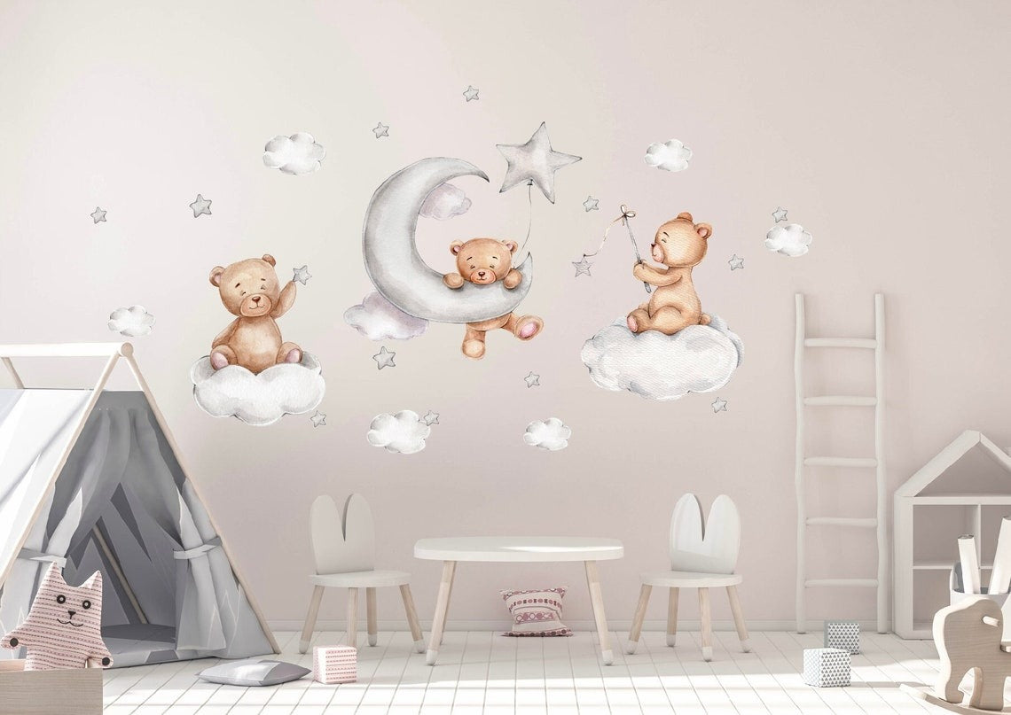 Wall decals Children's Watercolor teddy bear and stars (0020)
