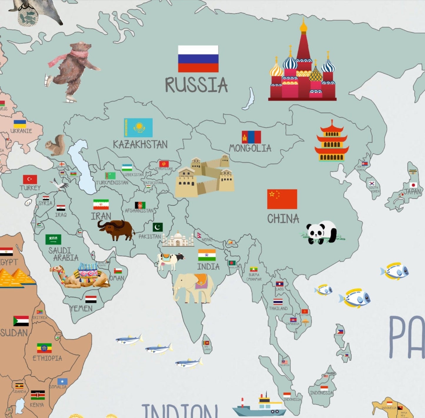Wall decals Children's world map with flags