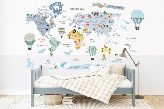 Wall decals Children's world map Animals and hot air balloons