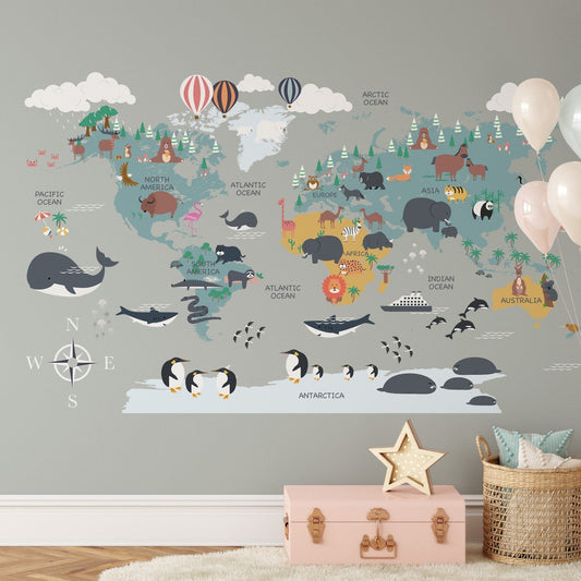 Wall decals Children's world map Animals of the world